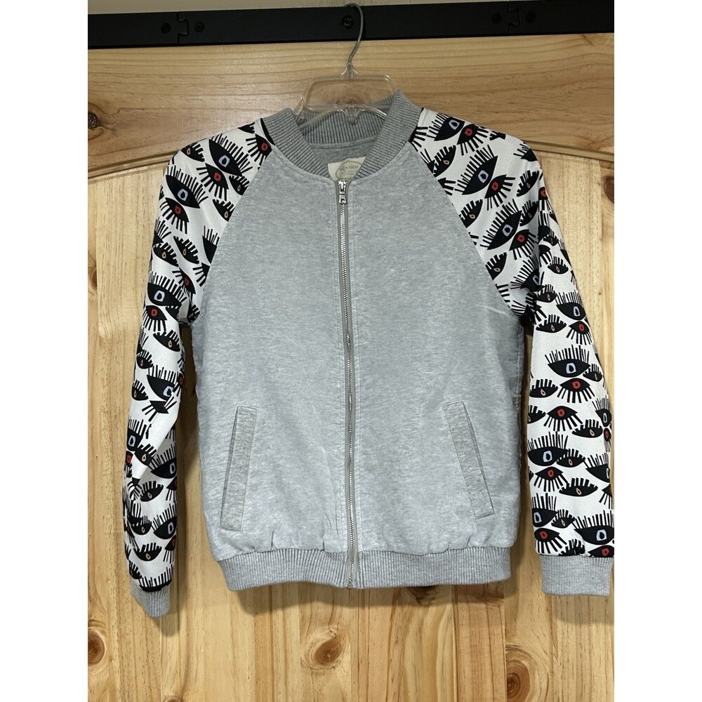Rococo France Women’s Bomber Jacket Grey Eye Print On Sleeves Size M